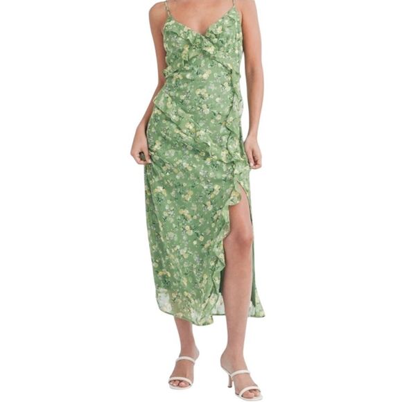Lush Green & Yellow Ditsy Floral Ruffle Detail Midi Slip Dress Size Small - Picture 7 of 11